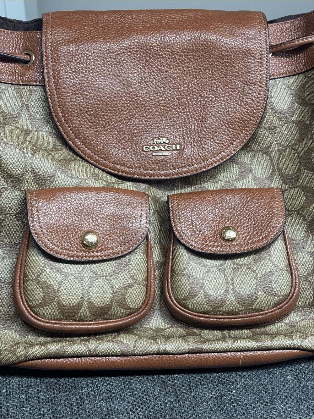 Coach Brown Signature Canvas Shoulder Bag with Front Pockets